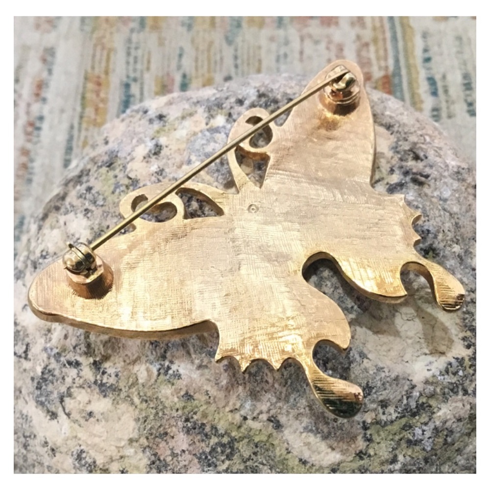 Beautiful Large 3 Tone Swirl Enamel Opal Cabochon Gold Butterfly Brooch - Picture 8 of 10